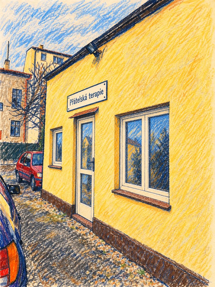 Kresba žlutého domečku s cedulí Přátelská terapie, Hronovická 790, Pardubice